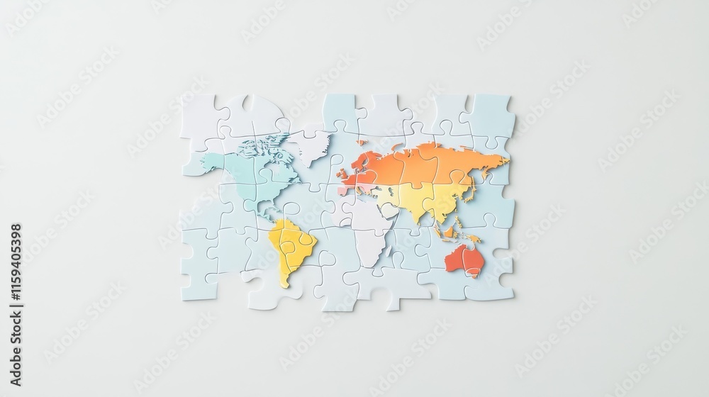 Obraz premium Colorful World Map Puzzle Pieces on Light Background Representing Continents and Countries for Educational Use and Creative Projects in Geography