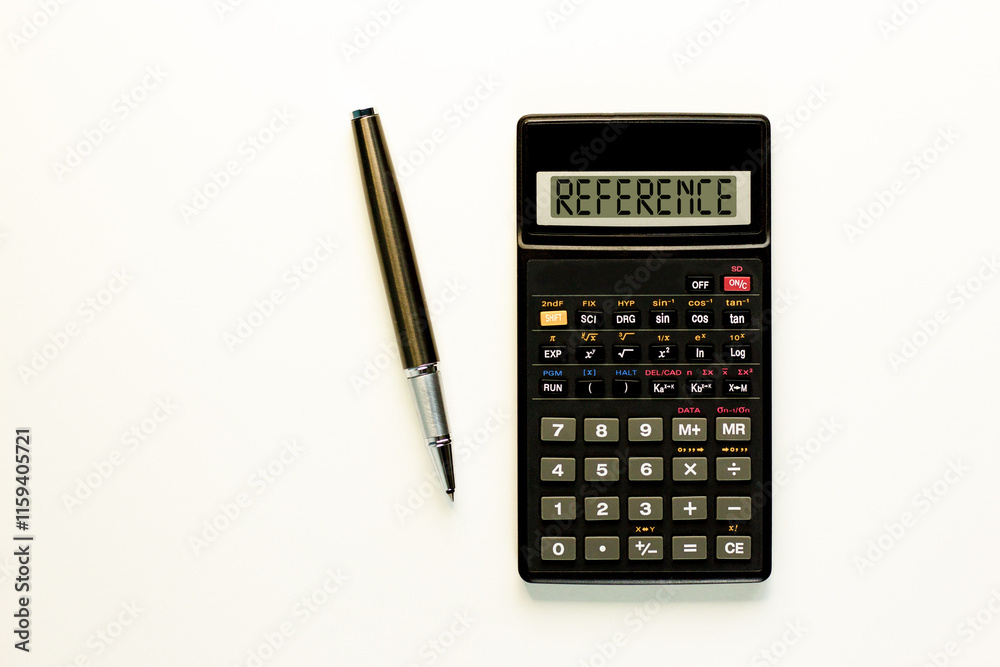 References or reference symbol. Concept word Reference on beautiful black calculator. Beautiful white paper background. Beautiful black pen. Business references or reference concept. Copy space. References or reference symbol. Concept word Reference on beautiful black calculator. Beautiful white paper background. Beautiful black pen. Business references or reference concept. Copy space.