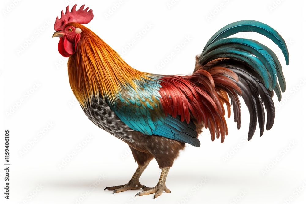 Fototapeta premium Vibrant and colorful rooster standing proudly, showcasing its stunning plumage and unique features.