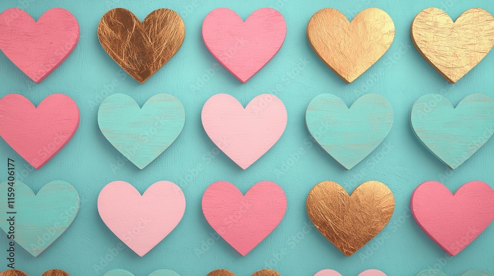 A vibrant array of hearts in pink, gold, and teal, creating a playful and colorful pattern against a soft turquoise background. A vibrant array of hearts in pink, gold, and teal, creating a playful and colorful pattern against a soft turquoise background.