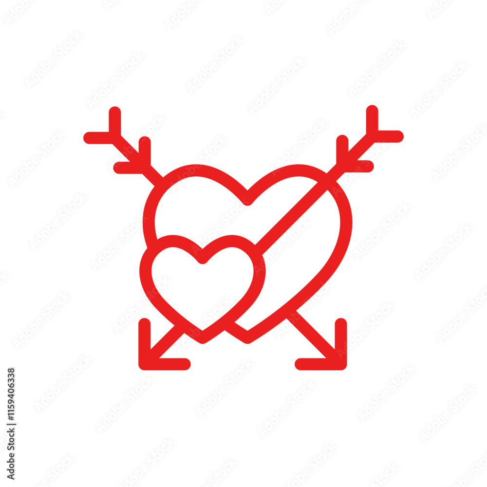 Icon, a couple of Hearts pierced by Cupid's Arrows. Editable Red vector graphic stroke line. Icon, a couple of Hearts pierced by Cupid's Arrows. Editable Red vector graphic stroke line.