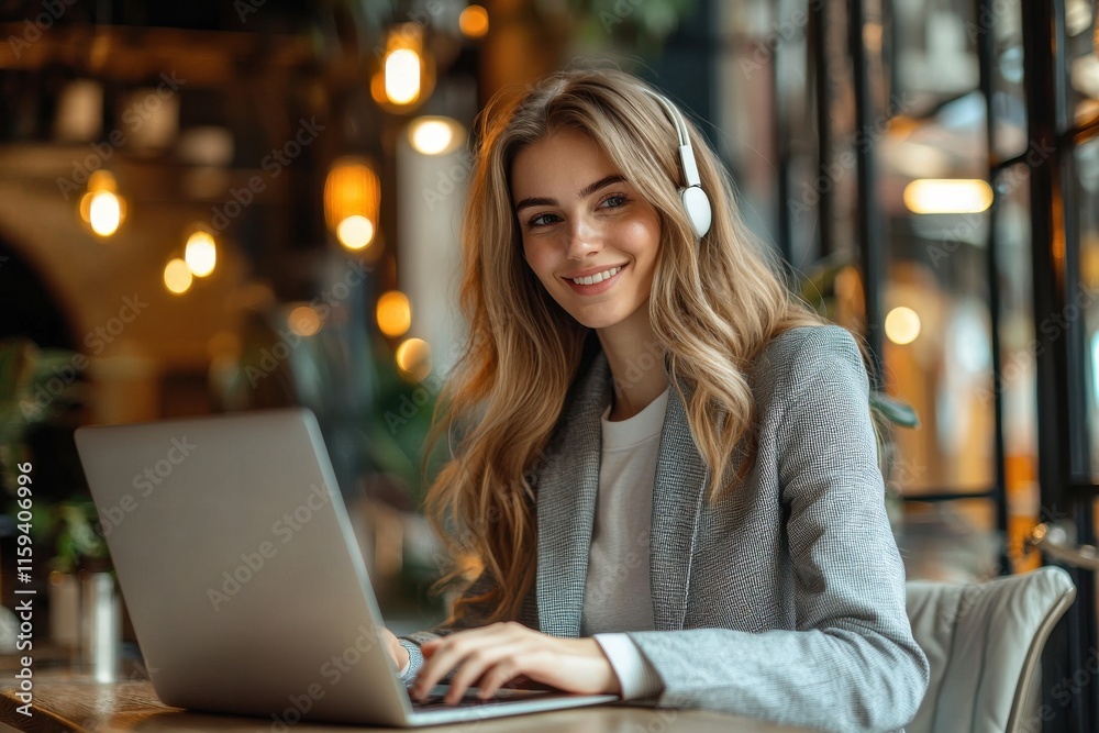 Confident businesswoman in a grey suit working remotely with headphones Confident businesswoman in a grey suit working remotely with headphones