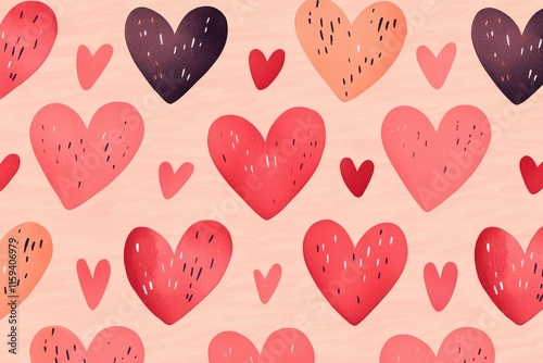 A vibrant pattern of colorful hearts in various sizes on a soft pink background, perfect for expressing love and affection.