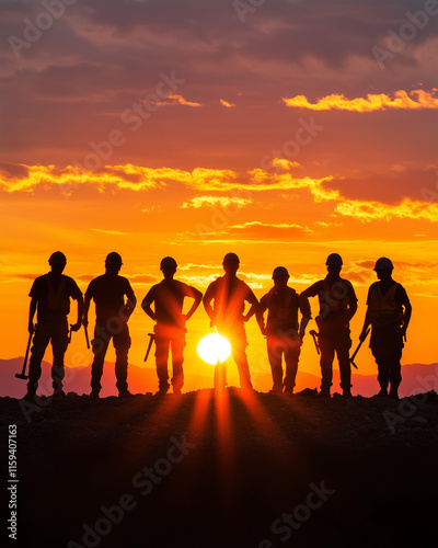 Construction workers silhouetted at sunset on worksite photo