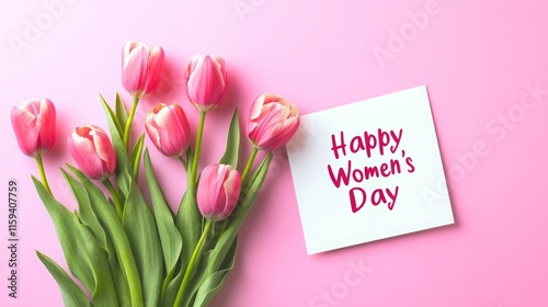Beautiful pink tulips with happy women's day card on soft pink background