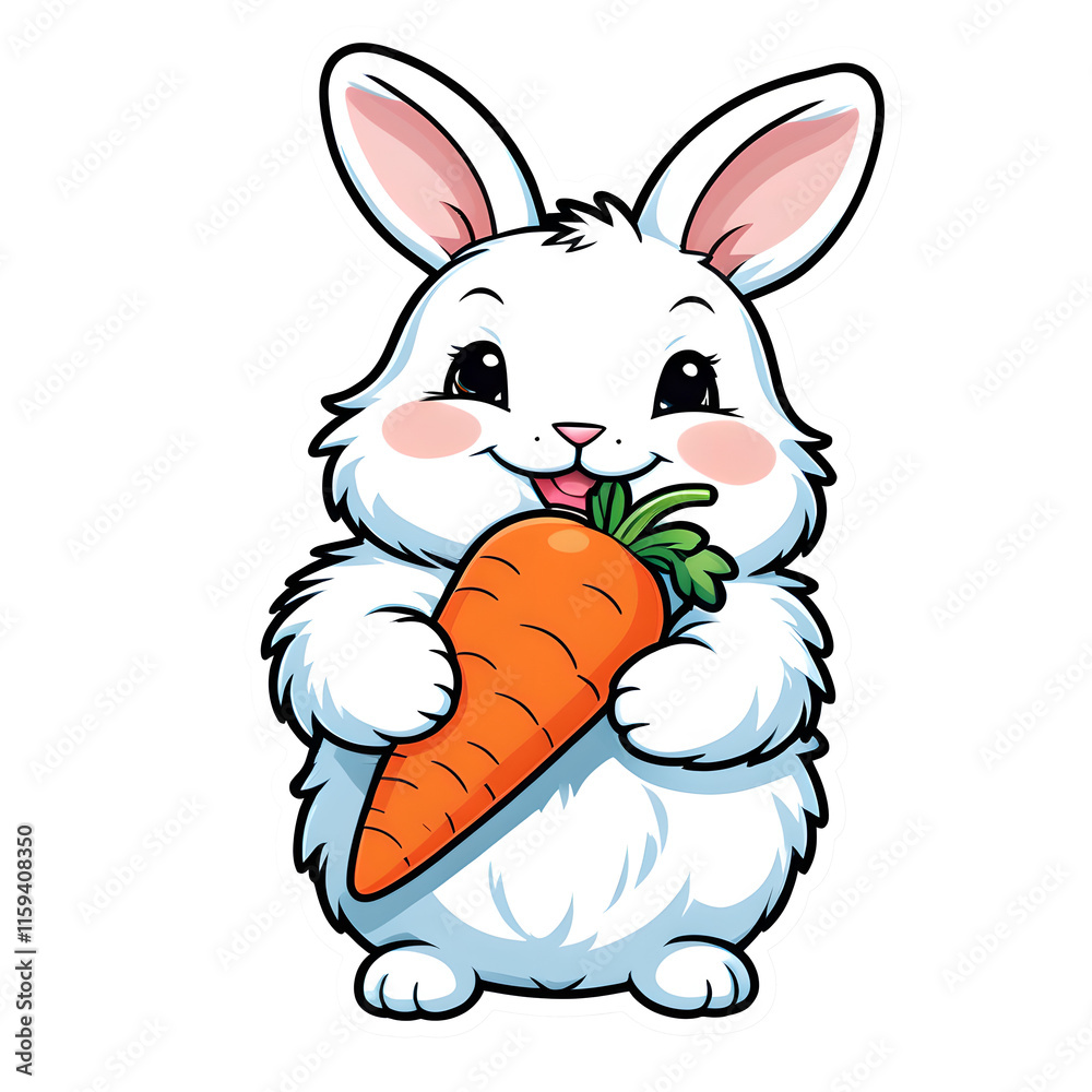 Kawaii Contour Bunny Sticker with Carrot on White Background Kawaii Contour Bunny Sticker with Carrot on White Background