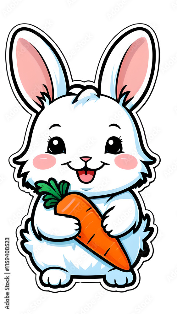 Kawaii Contour Bunny Sticker with Carrot on White Background Kawaii Contour Bunny Sticker with Carrot on White Background