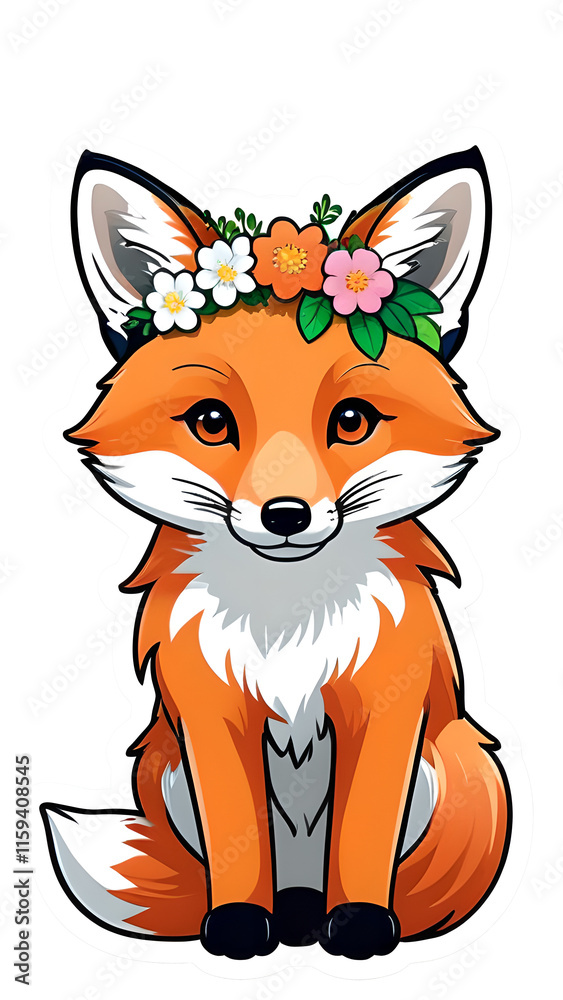 Adorable Fox with Flower Crown: Kawaii Contour Vector Art on White Background Adorable Fox with Flower Crown: Kawaii Contour Vector Art on White Background