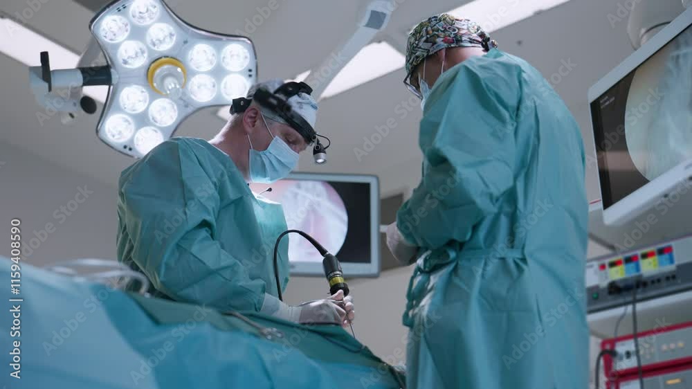 Two surgeons in an operating room performing a laparoscopic procedure with precision. Concept of teamwork, advanced medical technology, and minimally invasive surgery