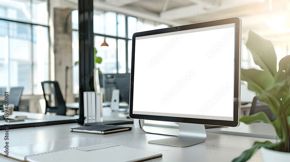 A sleek computer monitor with a blank screen on a modern desk, surrounded by minimalist office decor A sleek computer monitor with a blank screen on a modern desk, surrounded by minimalist office decor
