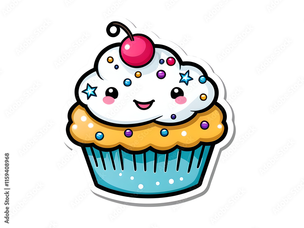 Kawaii Smiling Cupcake Sticker with Sparkles on White Vector Background Kawaii Smiling Cupcake Sticker with Sparkles on White Vector Background