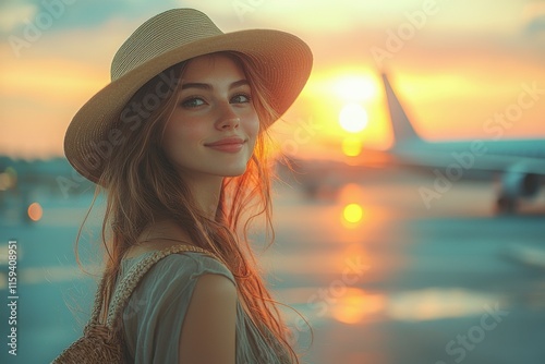 Woman in hat at airport during a vibrant sunset