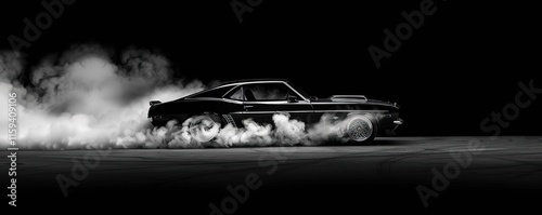 Black and white view of a black colored car in a cloud of white smoke isolated on a black background