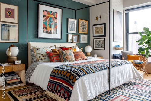 Maximalistisches Schlafzimmer mit floralem und geometrischem Muster-Mix photo