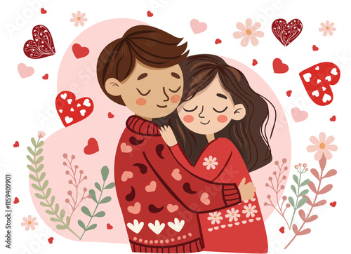 Cartoon style boy and girl characters gently embrace