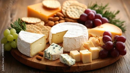 Cheese platter with a variety of cheeses including brie, blue cheese, and cheddar, served with crackers, almonds, red and green grapes, and rosemary on a wooden board