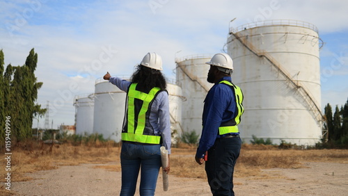 A couple of Black engineers with safety vests and hardhat work on drawing at the Chemical 
 storage industrial factory site