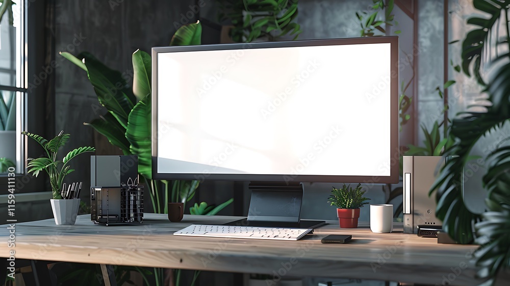 A sleek computer monitor with a blank screen on a modern desk, surrounded by minimalist office decor A sleek computer monitor with a blank screen on a modern desk, surrounded by minimalist office decor