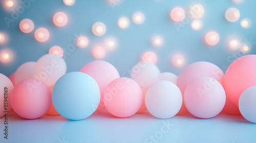Soft Pastel Balls with Bokeh Lights on a Minimalist Blue Background.
