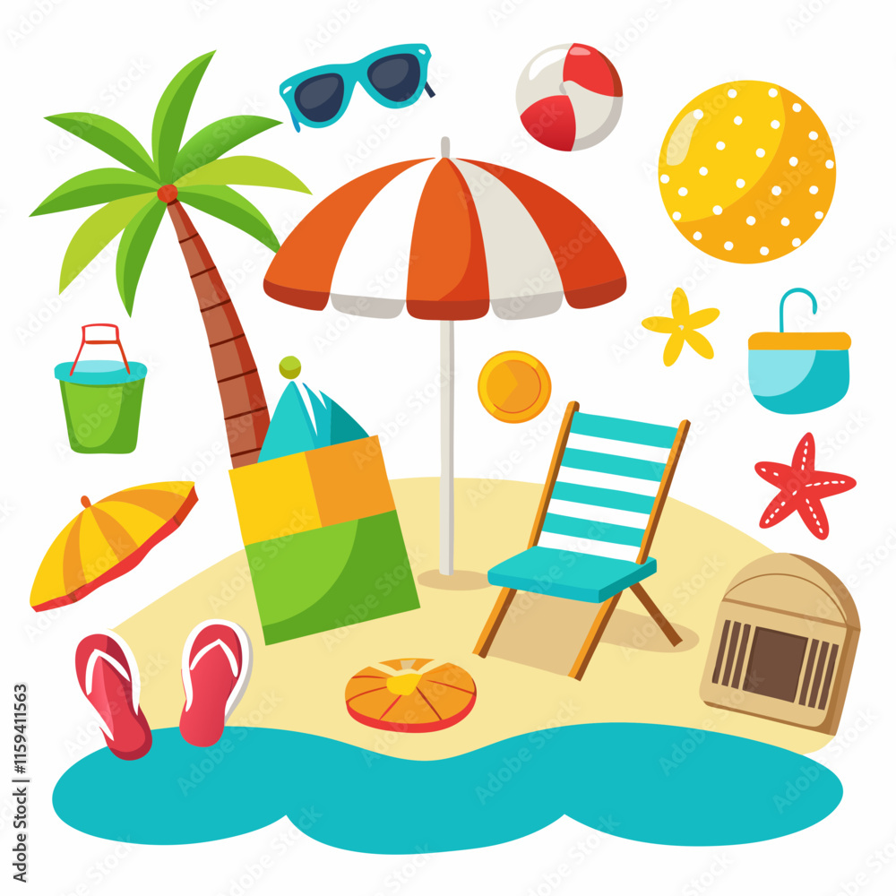 Colorful Beach Vacation Illustration with Umbrella, Palm Tree, and Summer Accessories Colorful Beach Vacation Illustration with Umbrella, Palm Tree, and Summer Accessories