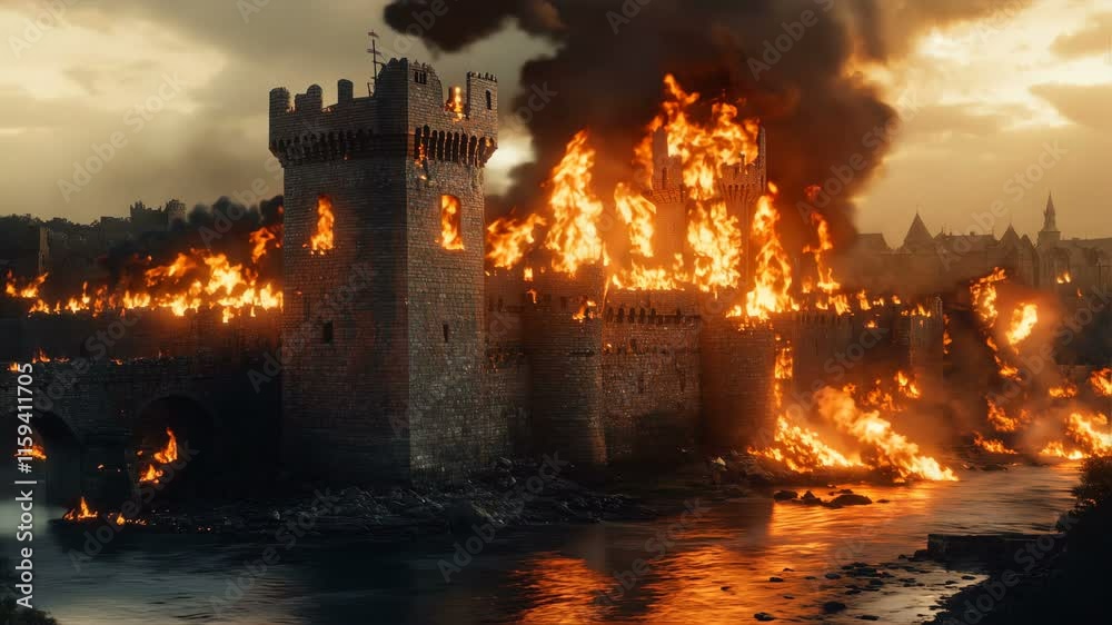 The Medieval Fortress is Under Siege, enveloped in a Fiery Catastrophe that unfolds like a dramatic event