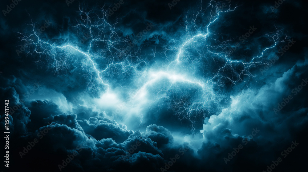 Electric Storm Fury: A dramatic and powerful image of a lightning storm raging across the night sky. The vibrant blue lightning bolts illuminate the dark, brooding clouds. Electric Storm Fury: A dramatic and powerful image of a lightning storm raging across the night sky. The vibrant blue lightning bolts illuminate the dark, brooding clouds.