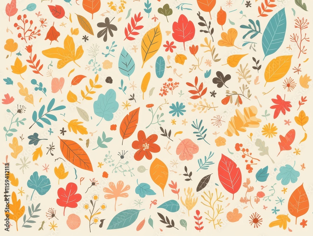 Obraz premium A colorful array of various leaves and flowers on a light background.