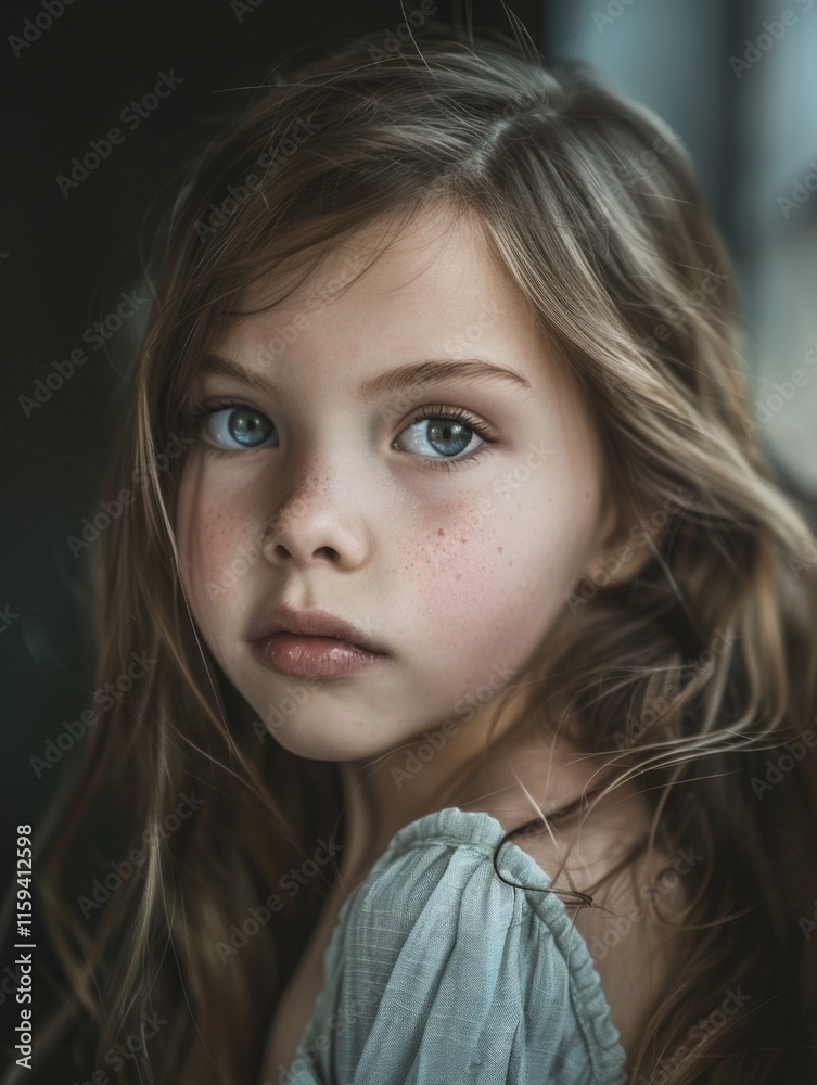 Young girl with long brown hair and blue eyes is standing in front of a window. She is wearing a white shirt and she is looking at the camera Young girl with long brown hair and blue eyes is standing in front of a window. She is wearing a white shirt and she is looking at the camera