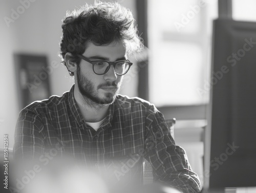 A man in glasses focused on his laptop, likely working or studying. Indoor office setting.