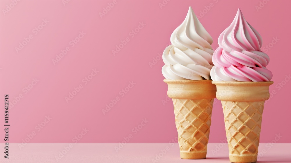 Two scoops of pink and white ice cream in a paper cup. Two scoops of pink and white ice cream in a paper cup.