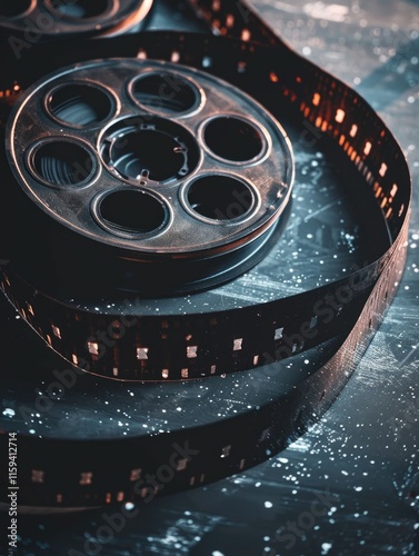 A close-up of a reel of film in a canister, symbolizing the classic art and history of cinema. photo