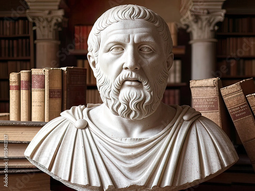 marble bust of the philosopher Plato, beautifully illuminated by soft, natural light coming from the side photo