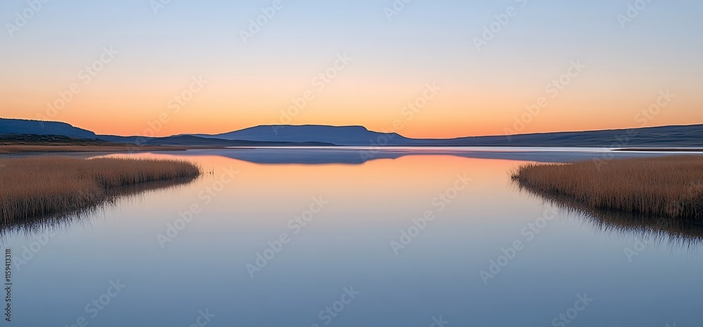 Fototapeta premium Calm lake at sunset with mountain reflection.