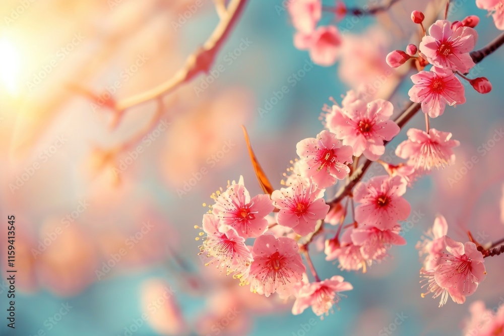 A tree branch blooming with vibrant pink cherry blossoms under a bright sun. A symbol of spring and renewal. A tree branch blooming with vibrant pink cherry blossoms under a bright sun. A symbol of spring and renewal.