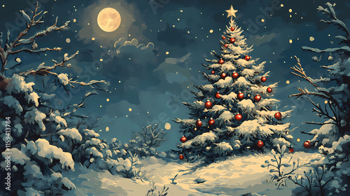 Snowy christmas tree with ornaments in moonlit night, ornaments, night. Moonlit. Illustration photo