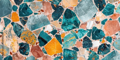 Mosaic tile art with vibrant colors and varied shapes.