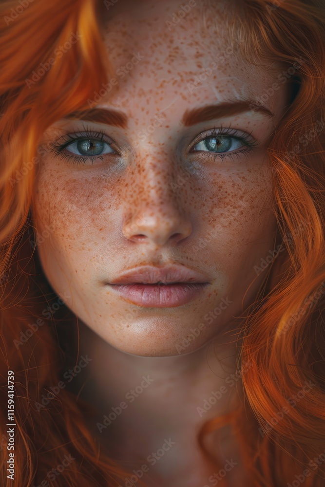 Redhead woman with freckles, looking at the camera with a gentle expression. Redhead woman with freckles, looking at the camera with a gentle expression.