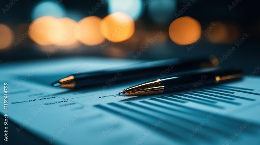 Fototapeta premium Financial Analysis: Pens Resting on Charts and Graphs Under Soft Lighting