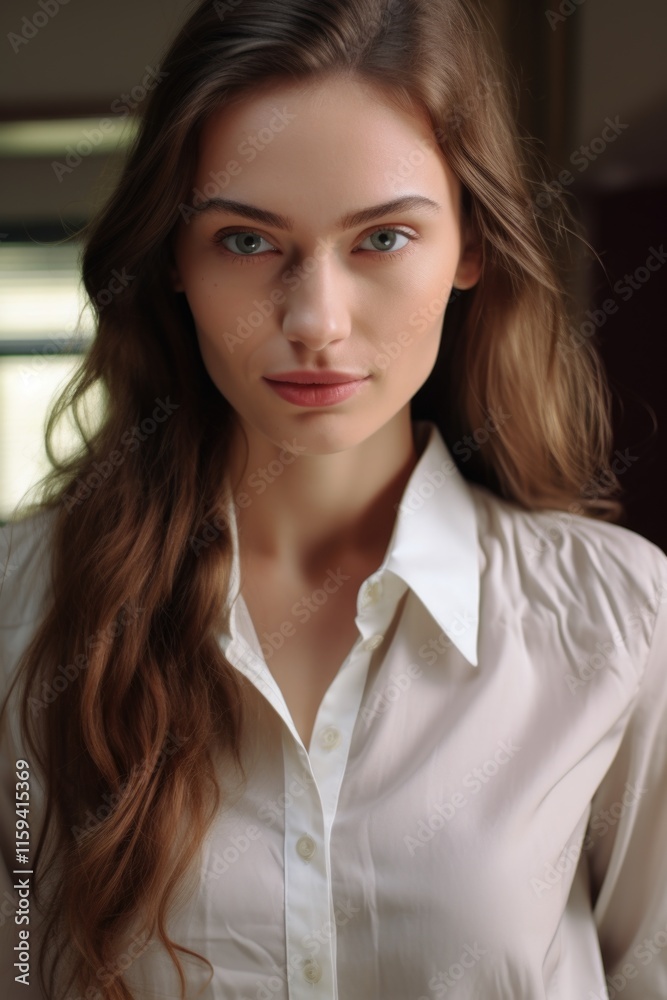 Elegant woman in a collared shirt and long blonde hair, posing for a portrait with natural indoor lighting. Elegant woman in a collared shirt and long blonde hair, posing for a portrait with natural indoor lighting.