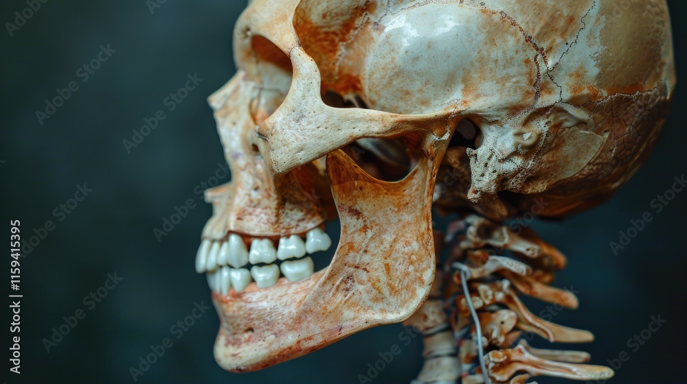 An adult human skull, close up, showing teeth and facial features. An adult human skull, close up, showing teeth and facial features.