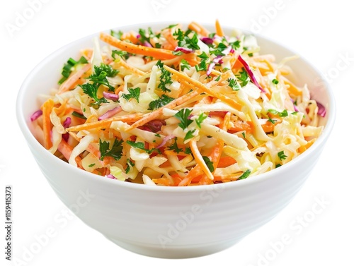A vibrant and fresh shredded carrot coleslaw salad served in a white bowl, featuring red cabbage and parsley with a creamy dressing. This vegetarian meal is both delicious and nutritious.