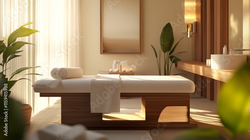 Modern minimalist spa room with clean, calming design. Featuring neutral tones and sleek furnishings