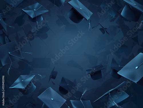 A pile of graduation hats flying upward against a dark background.