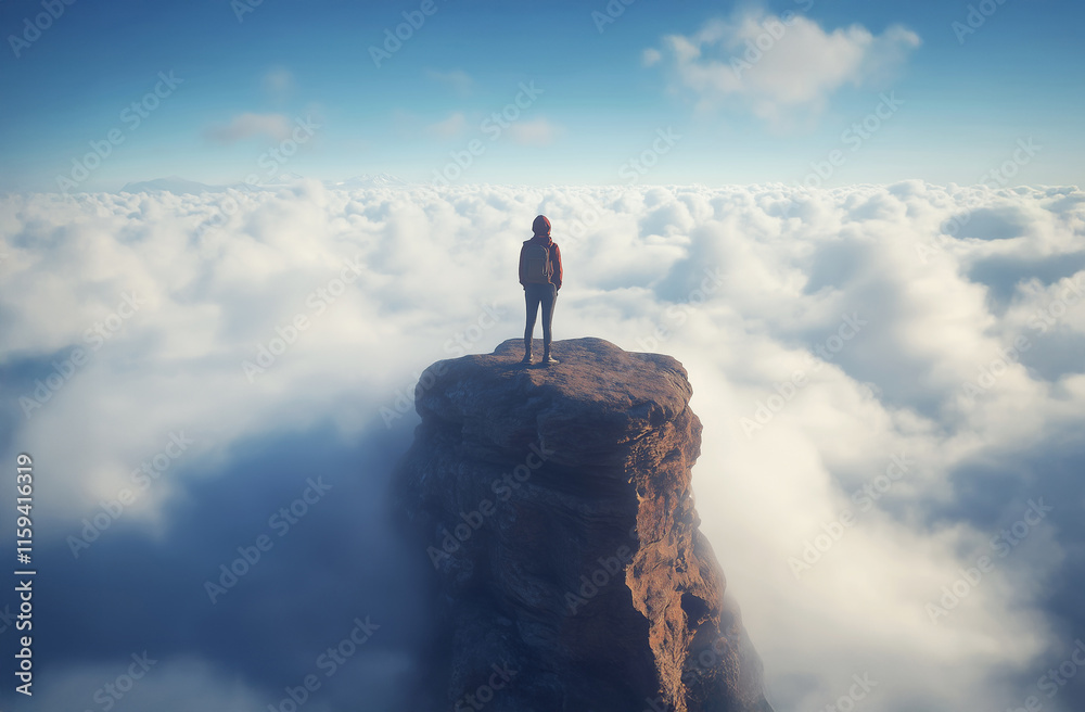 Person standing on a rocky peak surrounded by clouds at sunrise in a serene mountain landscape Person standing on a rocky peak surrounded by clouds at sunrise in a serene mountain landscape