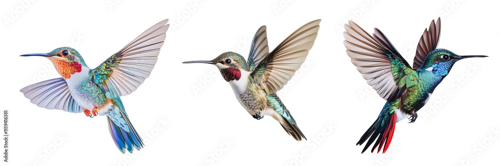 Obraz premium A Set of Colorful Hummingbird in Midflight with Intricate Feather Details Isolated on Transparent Background