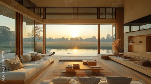 Sunrise view from minimalist living room.