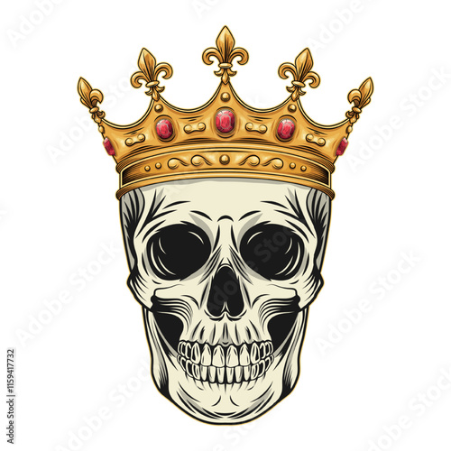 Human skull with golden traditional crown with red gemstones ruby, fleur de lis sign on points. Detailed gothic illustration in vintage style. Front view.