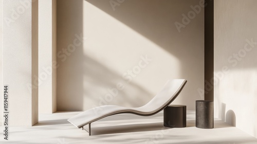 Modern minimalist sunlit room with minimal furniture. Featuring a clean, open design with contemporary lines