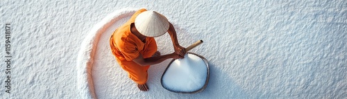 Worker harvesting salt in vibrant orange attire against white salt flats, aerial view. photo