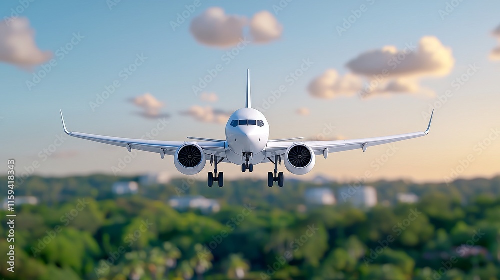 Obraz premium An airplane soars over palm trees against a clear sunset sky, with sun rays illuminating the scene, symbolizing travel, vacation, and air transport. The beautiful sky serves as a stunning background,